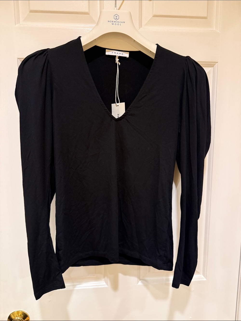 Frame Denim Black V-Neck Puff Shoulder Long Sleeve Top